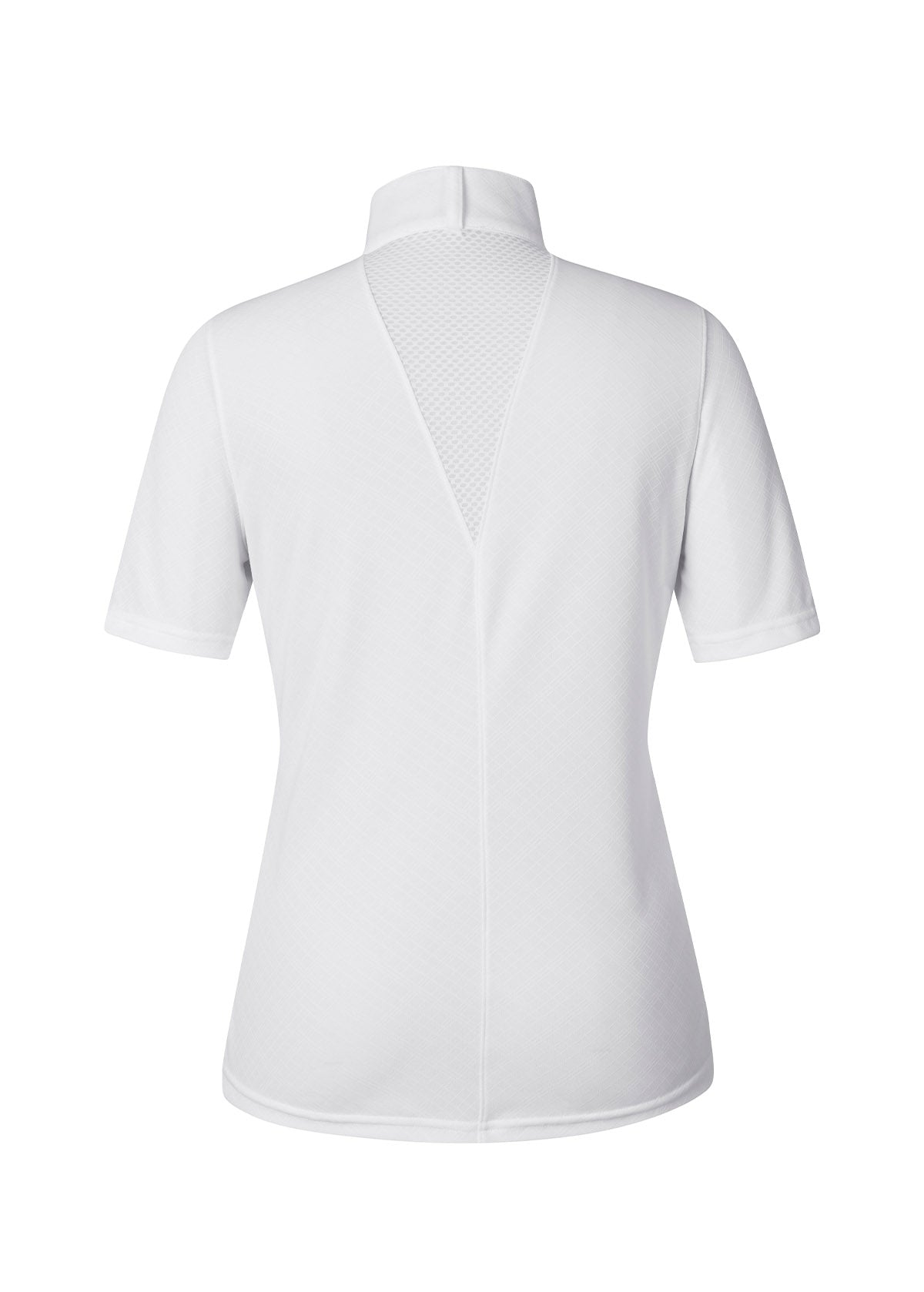 Flat lay of the Encore Short Sleeve Show Shirt in white, highlighting the breathable mesh panel and tailored silhouette.