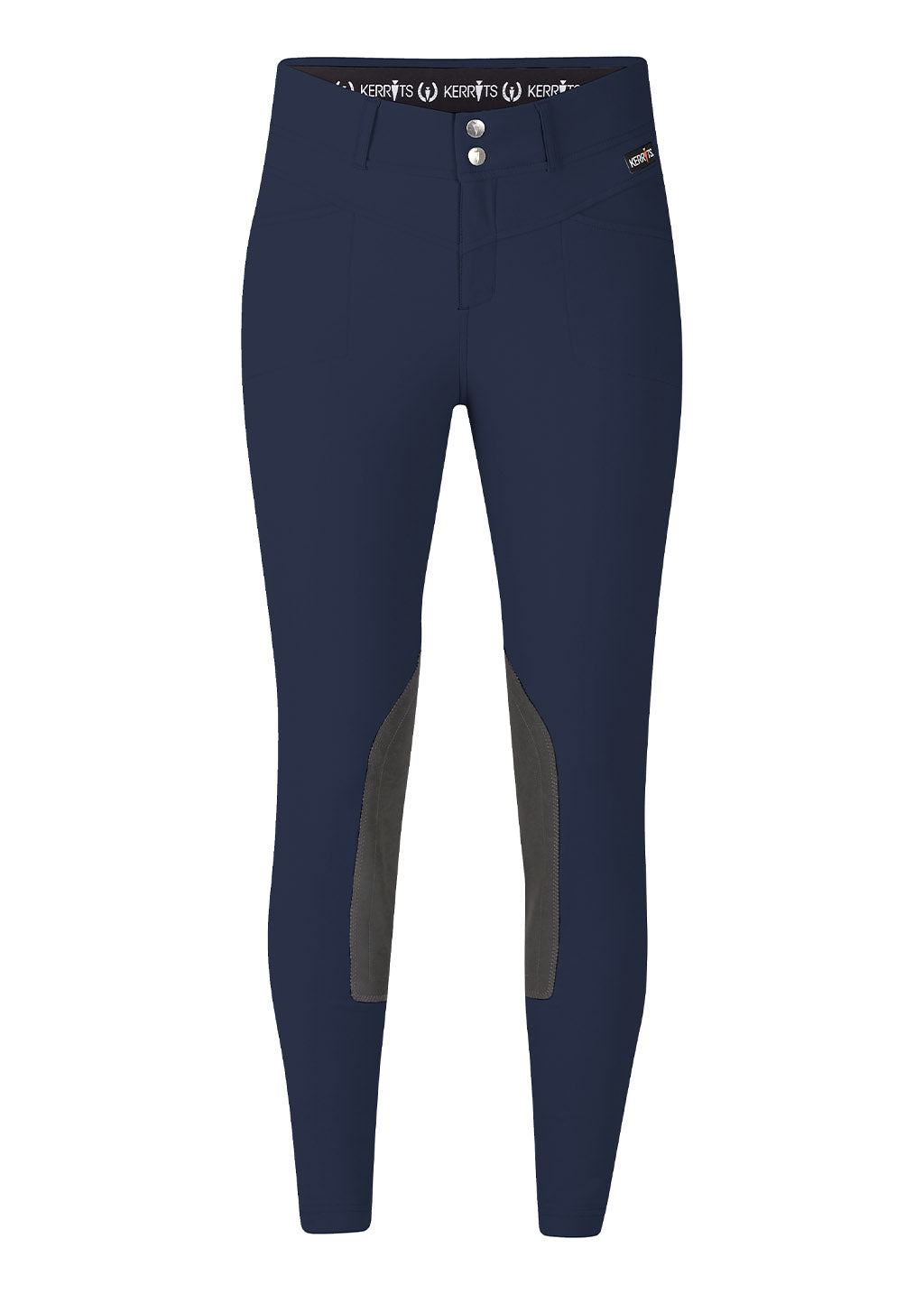 Flat lay of the breeches, front side up, detailing the tailored fit and functional design elements