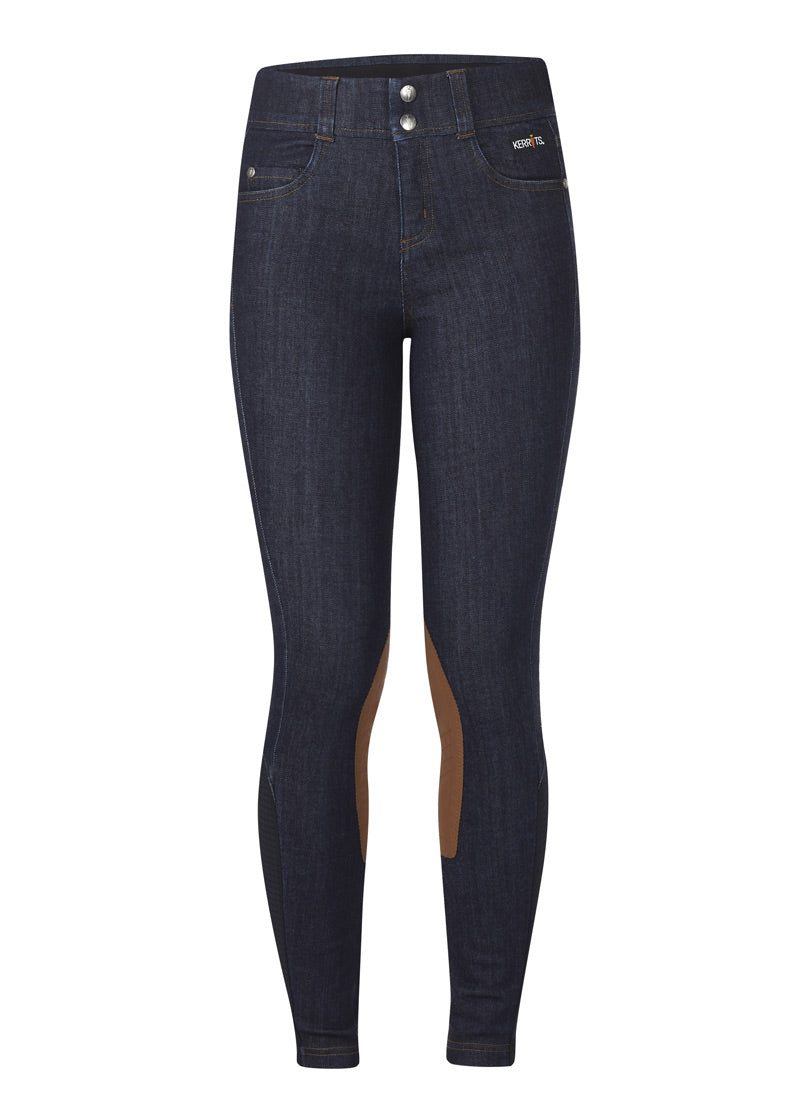 Flat lay of the breech, front side up, highlighting the traditional jean detailing and knee patches