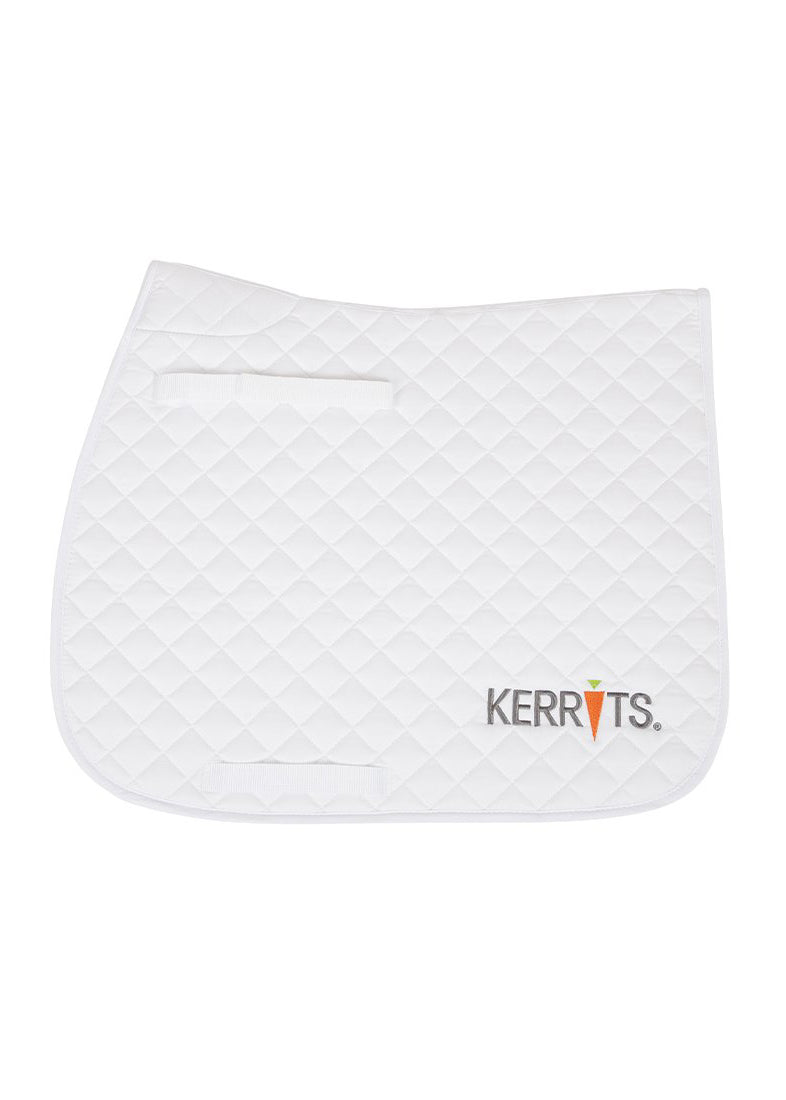 Front view of the Kerrits Saddle Pad in white, featuring diamond quilting, billet straps, and girth loops for secure placement