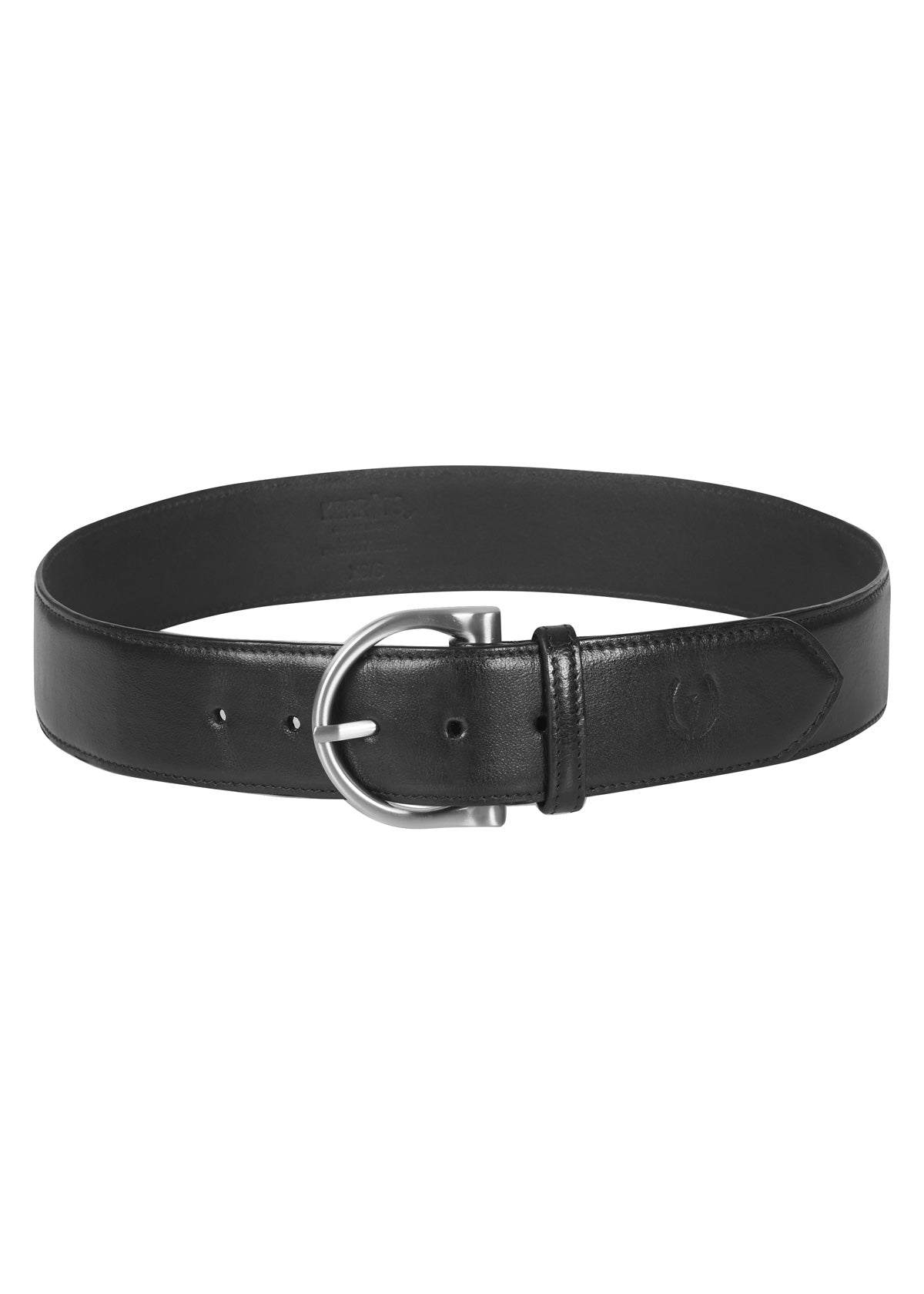 Flat lay of the Simple D Leather Belt in black, displayed extended to highlight its minimalist design